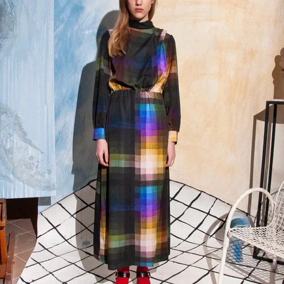 Long Sleeve Plaid Maxi Dress in Multicolor - Picture 1 of 6